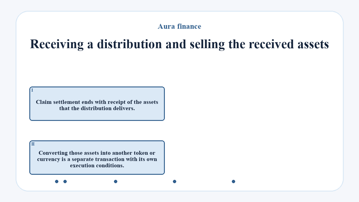 Receiving a distribution and selling the received assets: Claim settlement ends with receipt of the assets that the distribution delivers.; Converting those assets into another token or currency is a separate transaction with its own execution conditions.